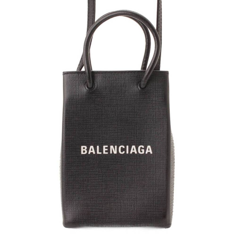 Balenciaga Shopping Phone Holder Leather Shoulder Bag Black